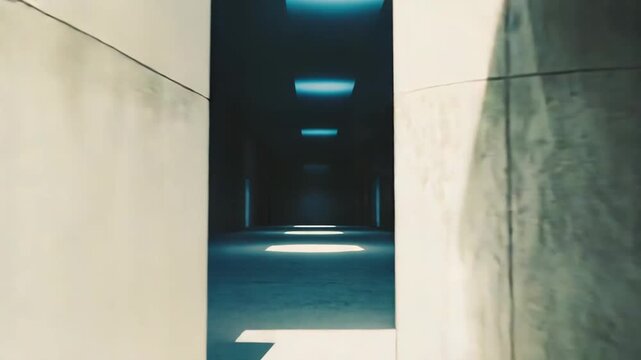 Minimalist raw concrete room with an open ceiling letting intense natural light flood the floor, creating a stark contrast representing concepts of hope and escape