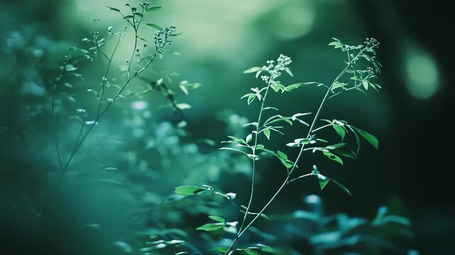 Lush green plant stem with small leaves and delicate buds softly growing amidst a tranquil, out of focus emerald green forest background, evoking peaceful natural beauty