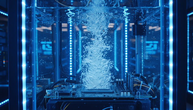 Computer server motherboard submerged in liquid for immersion cooling technology
