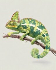 Colorful Chameleon on a Branch With Empty Background for Stationery and Packaging Design