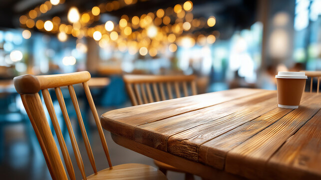 Cozy cafe interior with wooden tables, coffee shop atmosphere, comfortable seating, hospitality space, casual dining, defocused restaurant background, with copy space