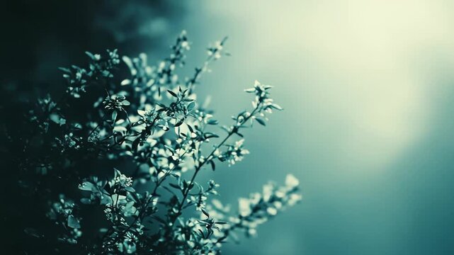 Delicate plant branches showcasing small leaves and tiny flowers are creating a peaceful natural pattern and texture against a softly blurred teal background with abundant copy space