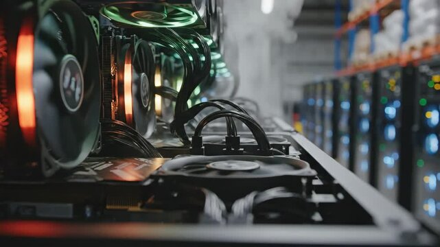 Cryptocurrency mining rig with glowing R G B fans and heat haze in a server room data center with racks of equipment and blinking lights