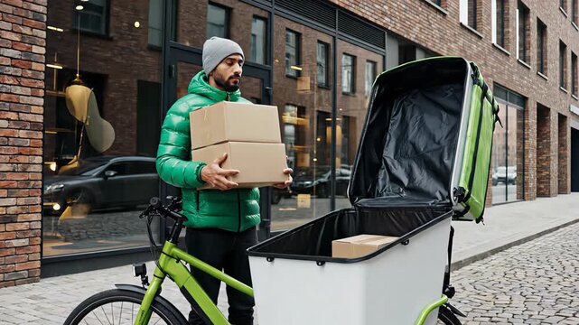 Young male courier in a green jacket putting cardboard boxes into the front container of an electric cargo bike while making a delivery on a city street with modern brick buildings