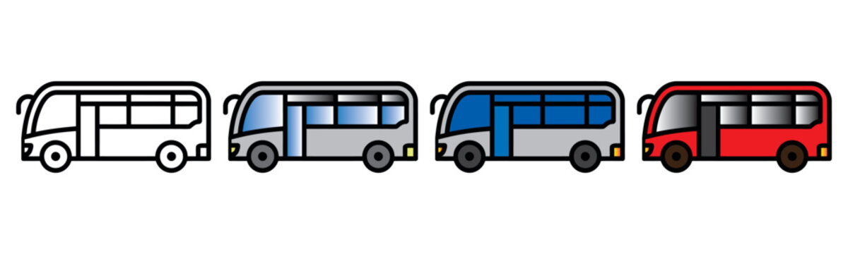 A collection of four diverse icon illustrations of a small passenger bus or van