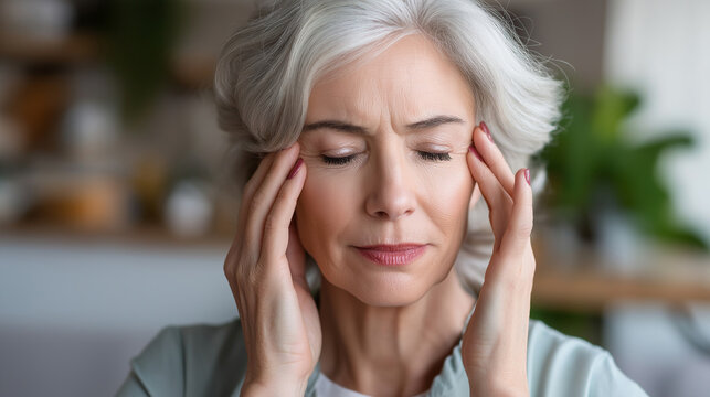 Woman experiencing brain fog and mental cloudiness during menopause, faceless health visualization, cognitive symptoms, hormonal changes, wellness concern, defocused background, wi