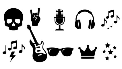 Rock and Roll Black Icon Set – Music Silhouette Vector on White Background, rock and roll icons, music icons, black icons, silhouette icons, rock music symbols, skull icon, electric guitar, rock hand, © TalalAhmad