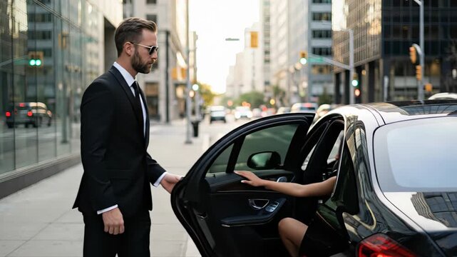 Professional bodyguard opening the rear door of a luxury sedan for a beautiful woman in a black dress, providing security and exclusive chauffeur service on a modern city street