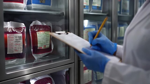 Professional female doctor in a white lab coat and blue gloves checking blood bag inventory in a hospital storage unit, taking notes on a clipboard with a pencil for medical records