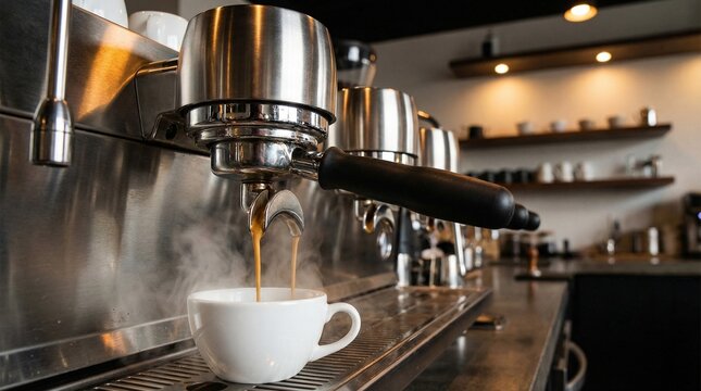 Cafetera industrial profesional preparando un espresso cremoso, crema densa color avellana fluyendo desde el portafiltro, vapor suave, acero inoxidable brillante, cafeter&iacute;a moderna, iluminaci&oacute;n c&aacute;lida