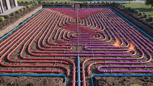Animated diagram showing ground source heat pump installation with underground pipe loop circulating hot and cold water for geothermal heating and cooling of a house