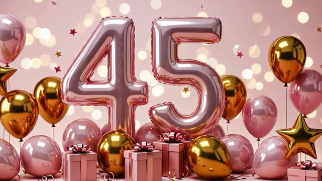 Celebration of 45 with floating balloons and gift boxes in festive pink and gold theme