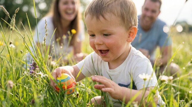 A happy toddler discovers a colorful Easter egg hidden in tall green grass while his parents watch. Joyful family celebration in nature. Ideal for spring holiday promotions and family content.