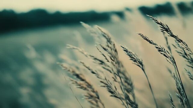 Dry rye grass ears swaying gently in a field at sunset, evoking feelings of serenity, solitude, nature's tranquility, and peaceful environmental conservation