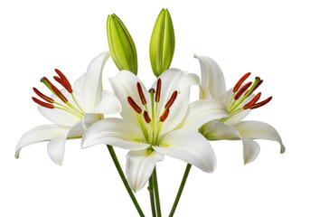 Fototapeta premium Three transparent lily blooms with reddish-brown anthers, two green buds, and vibrant stems, isolated on a transparent background with copy space, clean studio botanical study concept of pure