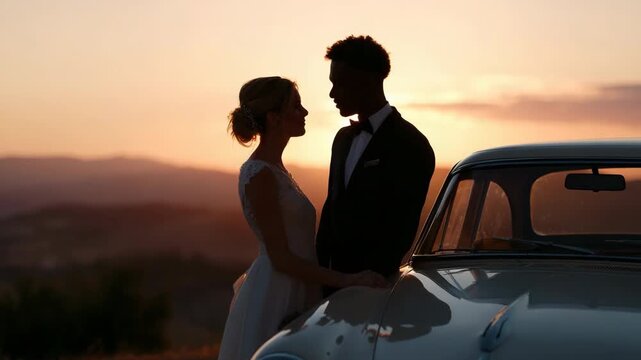 Romantic sunset silhouette: caucasian female and african male newlyweds by classic car