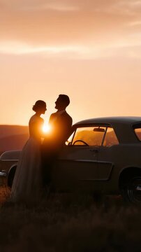 Romantic silhouette of couple at sunset by classic car