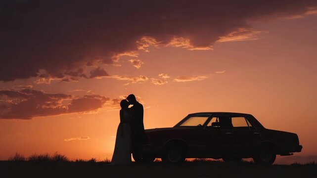Silhouetted couple embracing at sunset beside vintage car