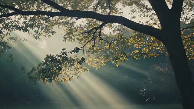 Morning sunlight streaming through the autumnal tree canopy illuminates a misty, dewy grass creating a peaceful and ethereal atmosphere in the park, symbolizing hope, renewal, and nature's beauty