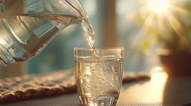 Pouring clear water from a glass pitcher into a glass on a table near a window with sunlight shining through