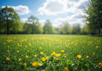 Obraz premium Beautiful green grass field with yellow flowers on a sunny day with trees and blue sky