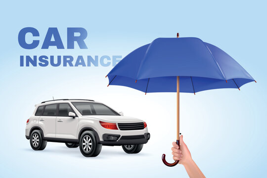 Car insurance banner. Realistic hand with blue umbrella protect suv car, automobile safety driving traffic road service vehicle protection agency advertising vector illustration