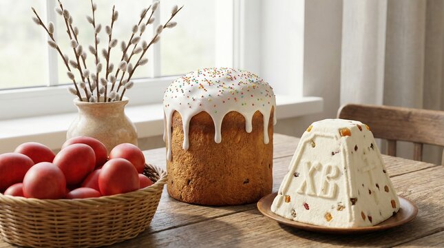 Easter cake with white icing, curd paska, red eggs in a basket, and willow branches on a wooden table. Festive and cozy atmosphere. Ideal for religious or spring holiday promotional materials.