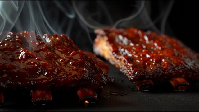 Glazed ribs on a grill with smoke.