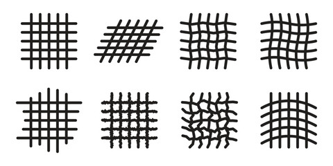 Comprehensive collection of eight black geometric grid patterns featuring distorted, wavy, textured, and sheared mesh designs for creative graphic projects.