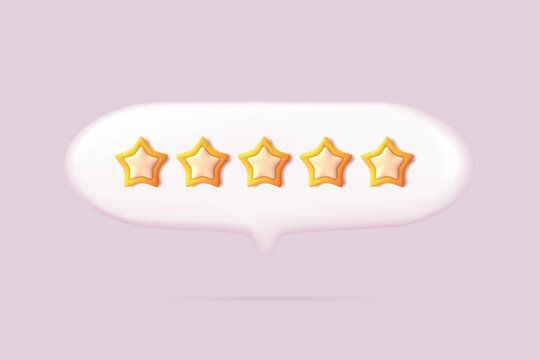 3d review bubble. Star rating feedback assessment survey, five stars quality speech chat client customer satisfaction evaluation excellent best service award vector illustration