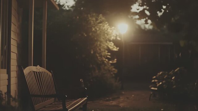 Empty wooden bench standing in a quiet backyard at night, illuminated by a warm glow from a street lamp, creating a tranquil and contemplative atmosphere