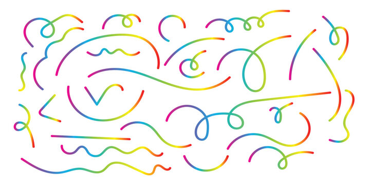 Playful set of hand-drawn rainbow gradient lines, swirls, and squiggles featuring vibrant neon colors for energetic and modern creative design projects.