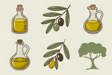Olive oil product set with olives and tree