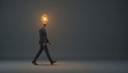 Obraz premium Businessman with glowing lightbulb head walks. Representing innovation, creative thinking, and a bright new idea for business success and development.