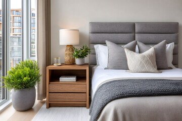 Fototapeta premium Modern bedroom interior with bedsidetable and potted plants