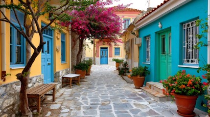 Fototapeta premium Mesta village alley in chios with colorful buildings