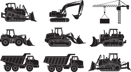 Collection of black and white silhouettes of heavy construction machinery including excavators bulldozers cranes and dump trucks for industrial building and land development projects. © Miraj World