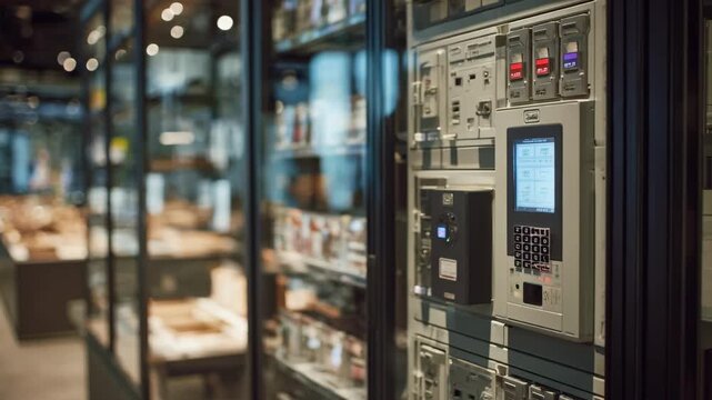 Medium shot of an automated rekeying system in a retail store showcasing remote lock reprogramming for enhanced security and quick access control management.