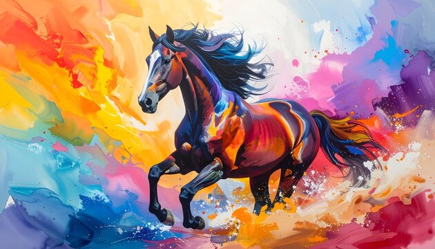 Caballo galopando con pinceladas de color vibrante en composici&oacute;n art&iacute;stica expresionista