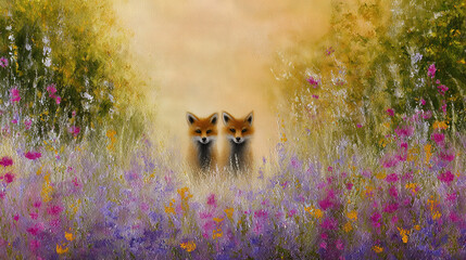Fototapeta premium Two Foxes Peeking Out of Wildflower Field at Sunrise