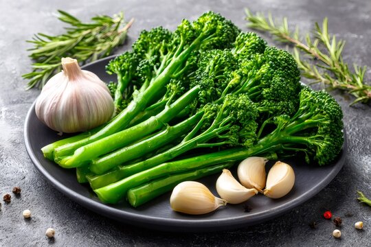 Broccolini with garlic and rosemary on dark plate