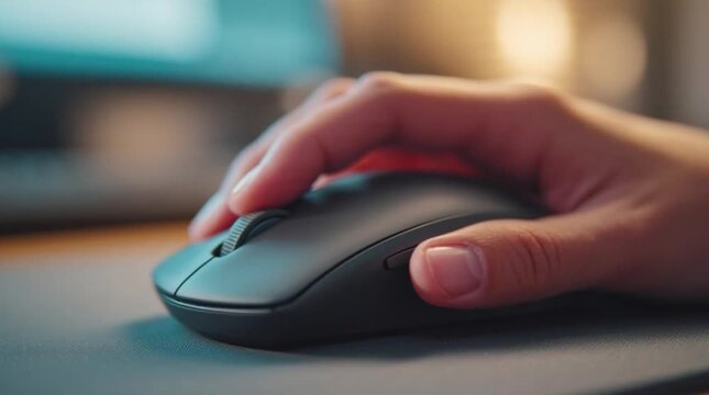 A hand operates a computer mouse on a desk with a blurred background and a computer screen visible