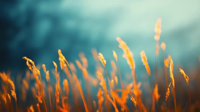 Delicate green grass blades are gently illuminated by soft, diffused light, forming a peaceful and ethereal natural backdrop with a tranquil, misty teal and blue ambiance