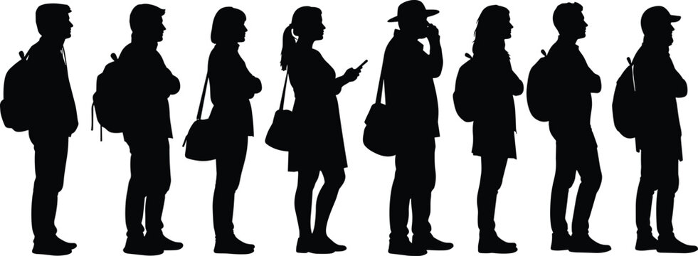 Black silhouette icons of diverse individuals standing in line with bags and accessories for lifestyle and public space visuals