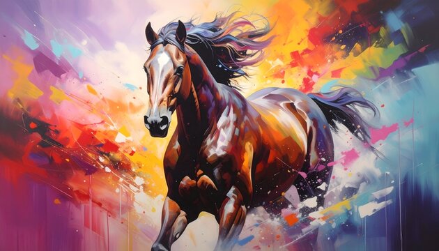 Caballo en movimiento con explosi&oacute;n de colores y estilo pict&oacute;rico expresionista