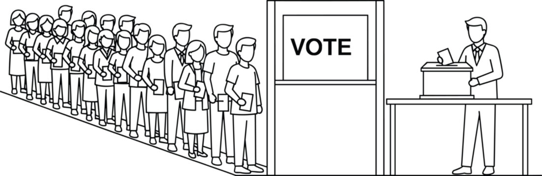 Black-and-white line drawing of people voting in queue and casting ballots for civic participation and democracy visuals