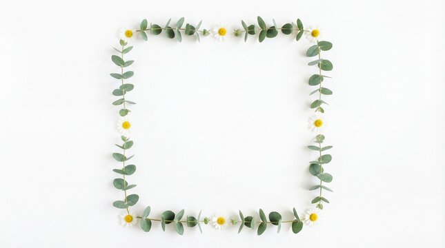 Flower frame, eucalyptus border, daisy flat lay, spring composition, white background, floral pattern, nature mockup, summer layout, botanical decoration, plant leaf, chamomile design, copy space.