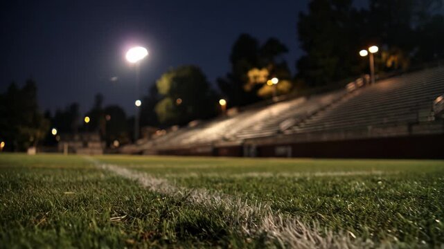 Nighttime medium shot of illuminated sports field lighting casting sharp shadows on the marked grass while the darkened bleachers remain out of focus.