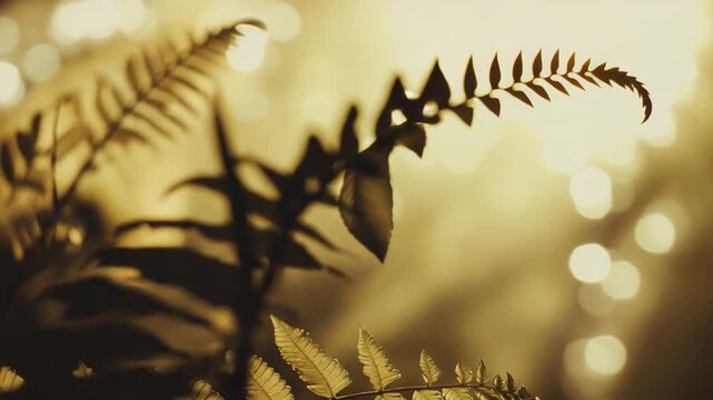 Delicate fern fronds bathed in warm golden sunlight, soft bokeh background creating a tranquil, dreamy forest mood of serene greenery and gentle natural glow