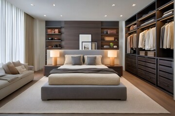 Modern bedroom interior with walk in closet space